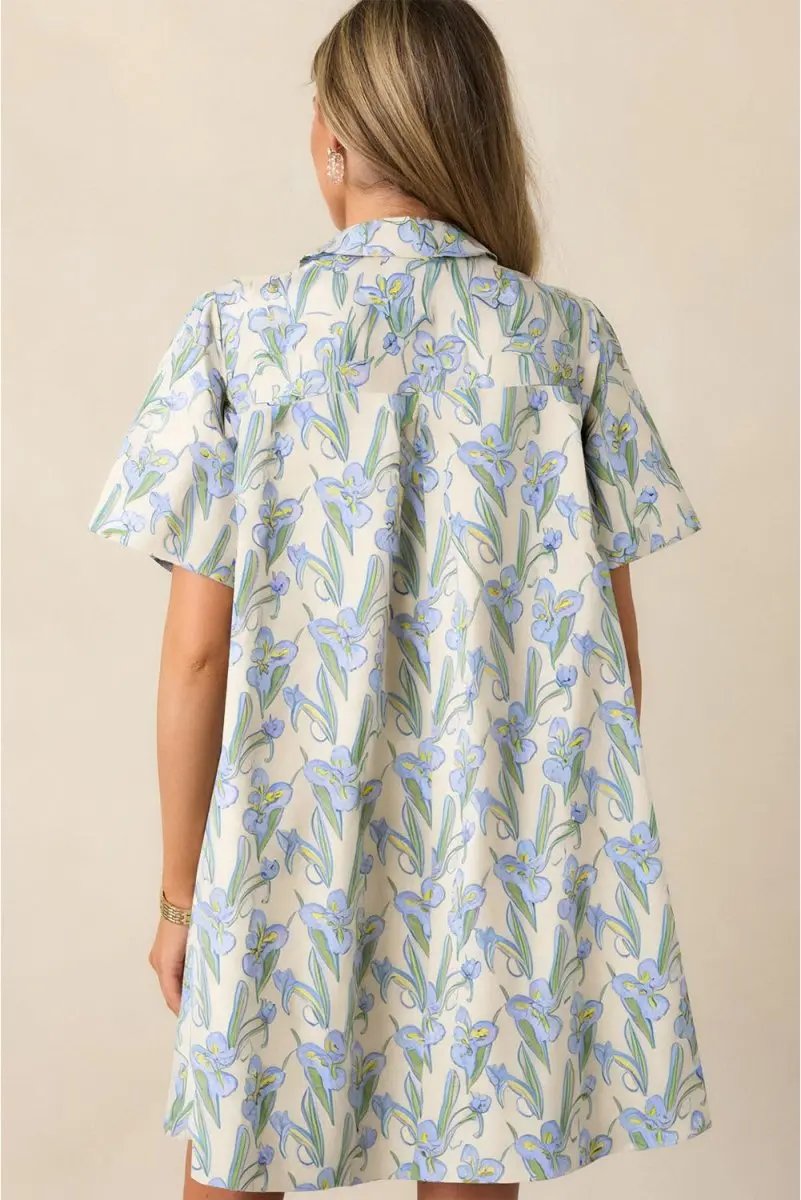 Green Floral Print Shirt Collar Buttoned Short Sleeve Shift Dress - Love Salve
